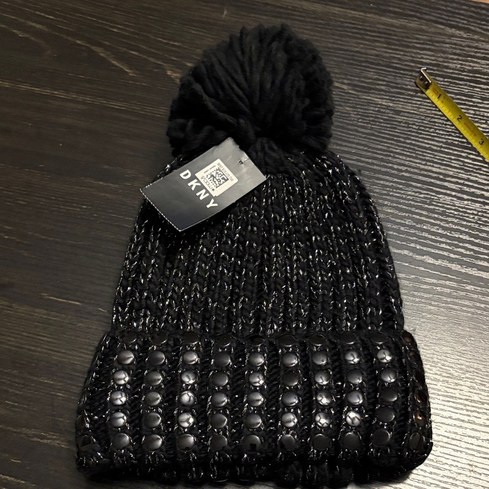 DKNY Black Knit Beanie with Sequins